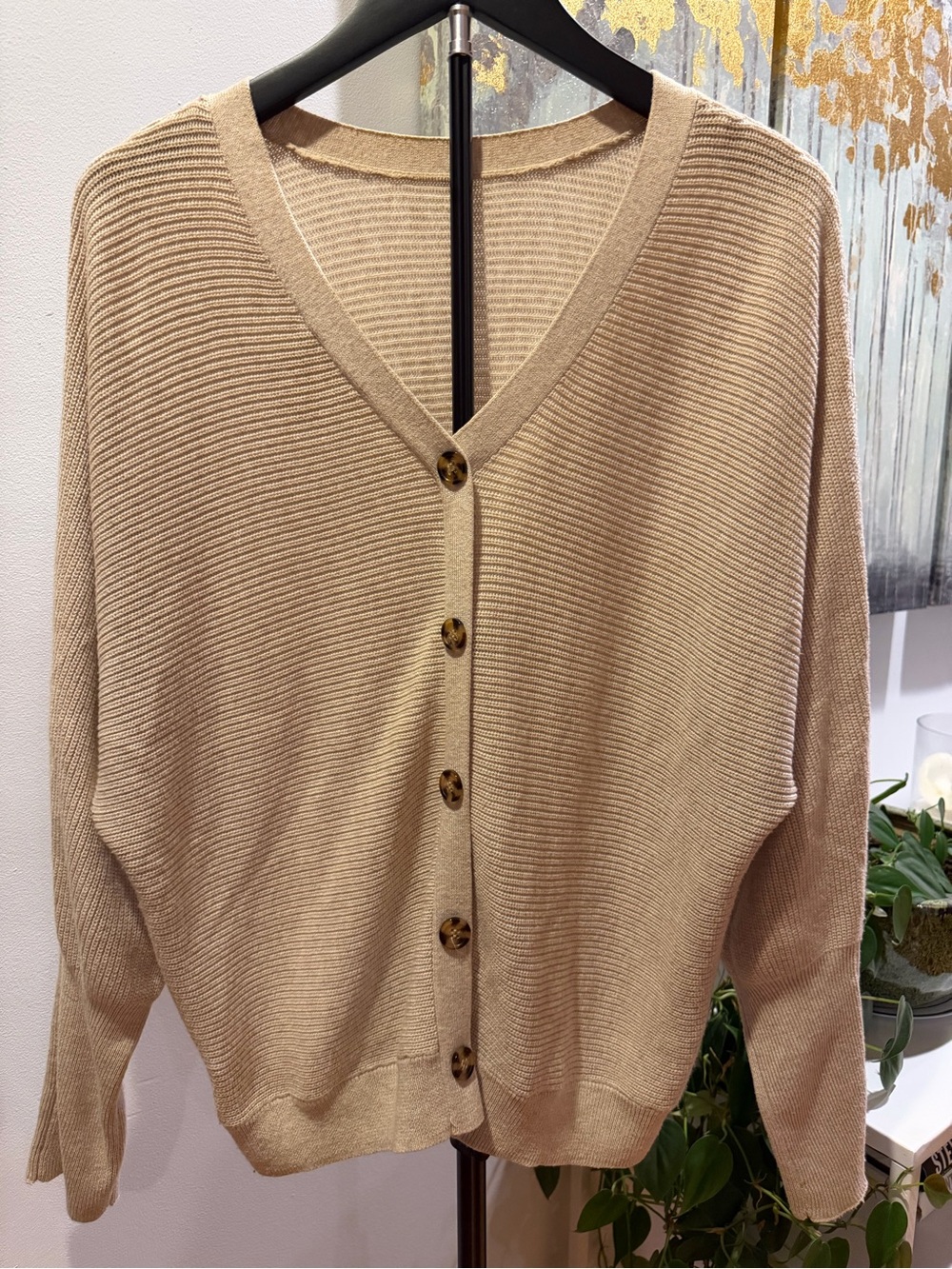 Hippie Rose Beige Ribbed Knit Button Front Cardigan Sweater XS